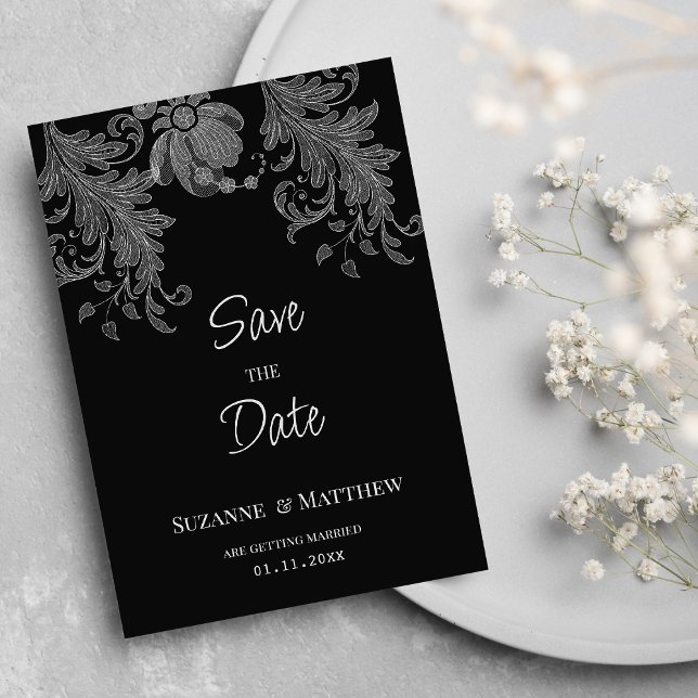 Elegante Schwarz-Weiß-Blumenspitze Save the Date Einladung (Elegant black and white floral lace Save the Date)