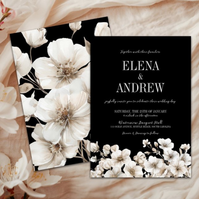 Elegante Schwarz-Weiß-Blütenhochzeit Einladung (Elegant Black & White Floral Wedding Invitation, Winter Wedding, Fall Autumn Flowers, Love in Bloom)