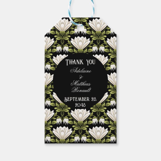 Elegante Schwarz-Weiß-Blütenhochzeit: Kalligraphie Geschenkanhänger (Vorderseite)