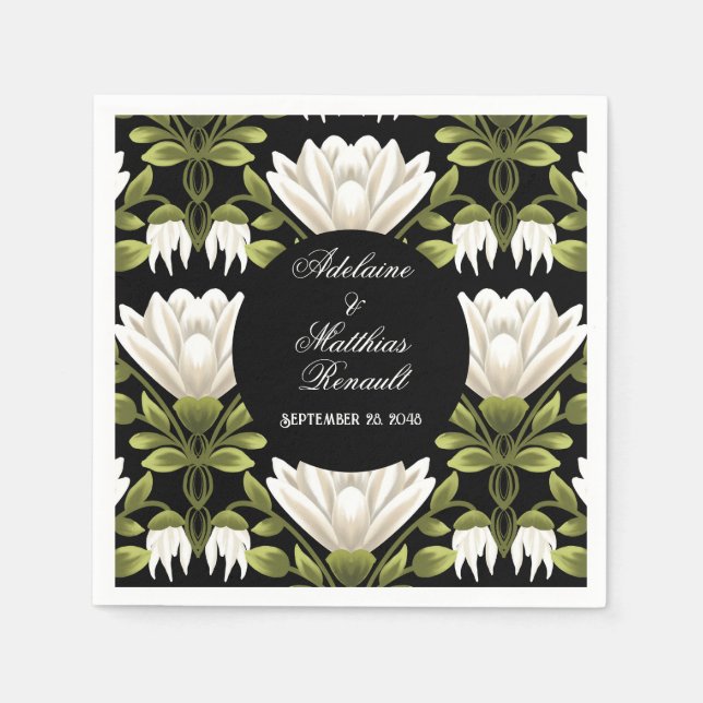 Elegante Schwarz-Weiß-Blütenhochzeit: Kalligraphie Serviette (Vorderseite)