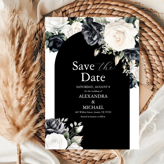 Elegante Schwarz-Weiß-Blütenhochzeit Save The Date (Von Creator hochgeladen)