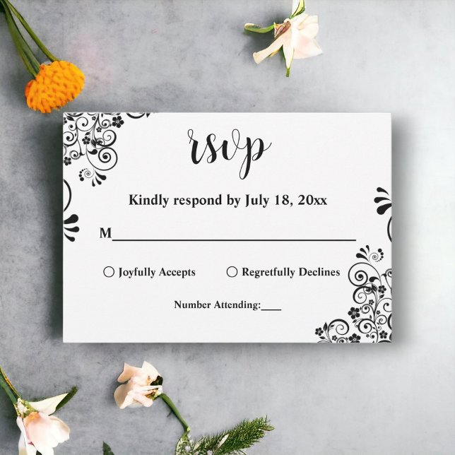 Elegante Schwarz-Weiß-Boho Verzierte Blumenhochzei RSVP Karte (Von Creator hochgeladen)