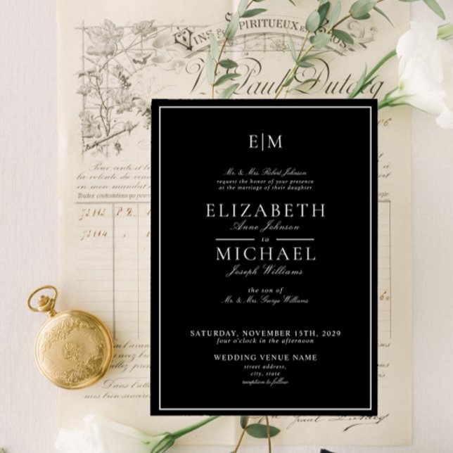 Elegante Schwarz-weiß Classic Monogram Wedding Einladung (Easily personalize this elegant, formal monogram invitation for your event. Part of a larger suite)