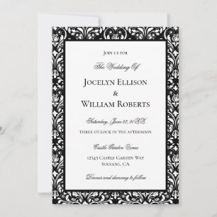 Elegante Schwarz-Weiß-Damaskus-Hochzeit Einladung