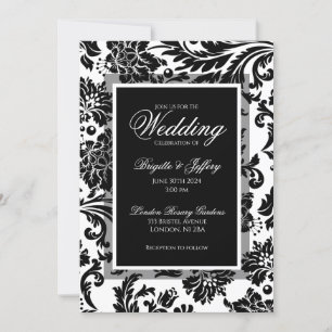 Elegante Schwarz-Weiß-Damast-Hochzeit Einladung