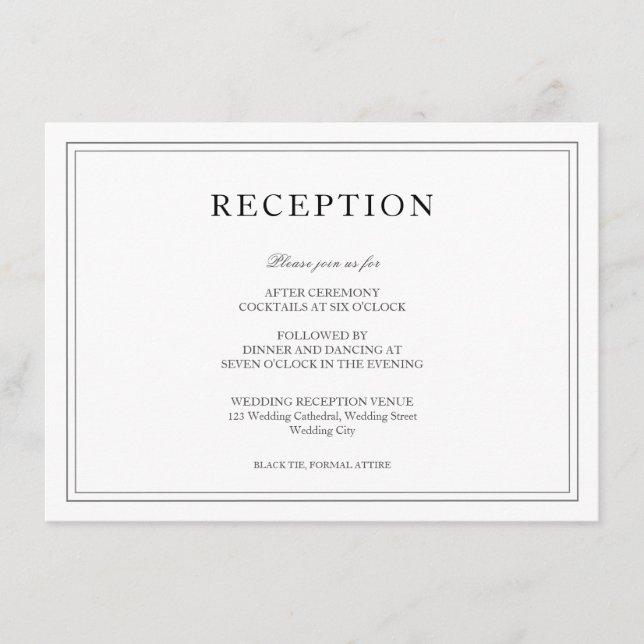 Elegante Schwarz/Weiß einfache Hochzeitsempfehlung Begleitkarte (Vorderseite)