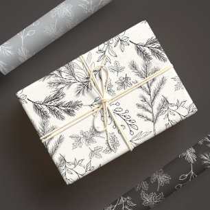 Elegante Schwarz-Weiß-Einfarbige Winter-Botanicals Geschenkpapier Set