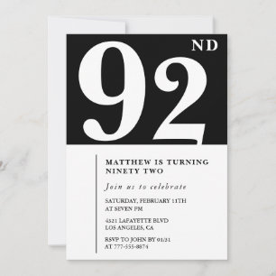 Elegante Schwarz-Weiß-Einladung zum 92. Geburtstag Einladung