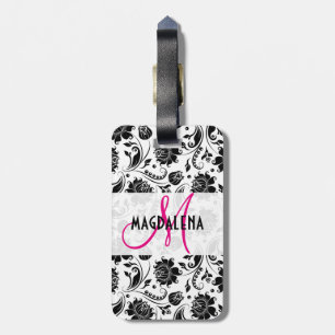 Elegante Schwarz-Weiß-Floral-Damaskus 2 Monogravie Gepäckanhänger