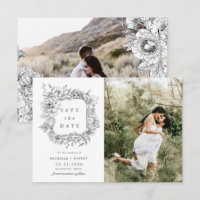 Elegante Schwarz-Weiß-Floral-Foto-Save-the-Date-Ka