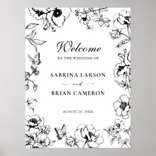 Elegante Schwarz-Weiß-Floral-Garten-Hochzeit Willk Poster