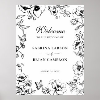 Elegante Schwarz-Weiß-Floral-Garten-Hochzeit Willk Poster