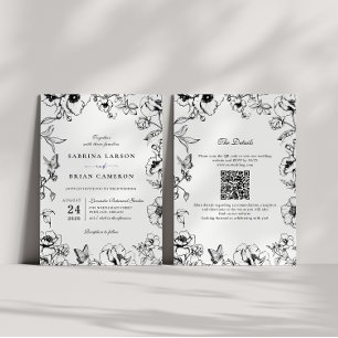 Elegante Schwarz-Weiß-Floral-Garten-QR-Code-Hochze Einladung