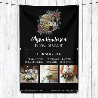 Elegante Schwarz-Weiß-Floristik-Geschäft mit 4 Fot Banner