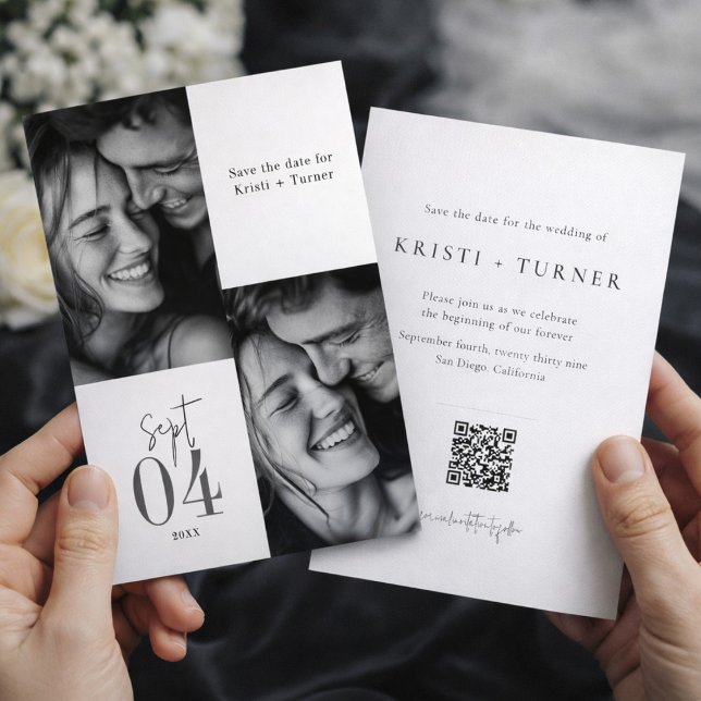 Elegante Schwarz-Weiß-Foto-QR-Code-Hochzeit Save The Date (Von Creator hochgeladen)