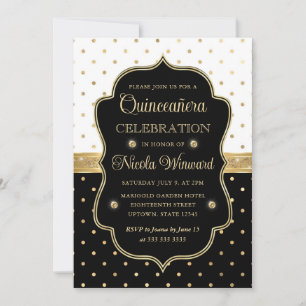 Elegante Schwarz-Weiß gepunktete Quinceanera Einladung