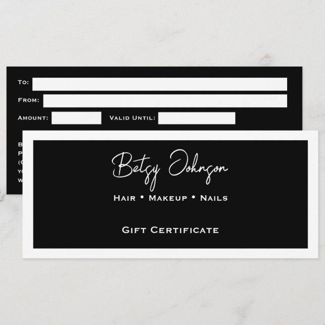Elegante Schwarz-Weiß-Geschenkgutscheine Einladung (Vorne/Hinten)