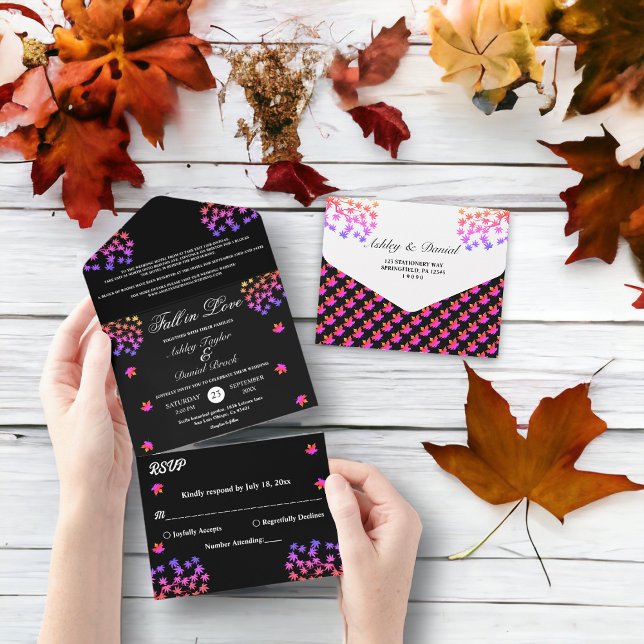 Elegante Schwarz-Weiß-glänzende Blätter Hochzeit i All In One Einladung (Von Creator hochgeladen)