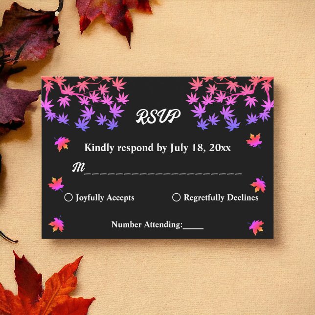 Elegante Schwarz-Weiß-glänzende Blätter Hochzeit i RSVP Karte (Von Creator hochgeladen)