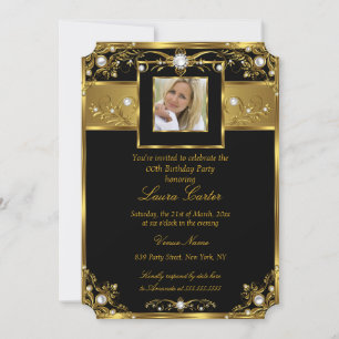 Elegante Schwarz Weiß Gold Perle Foto Geburtstag Einladung