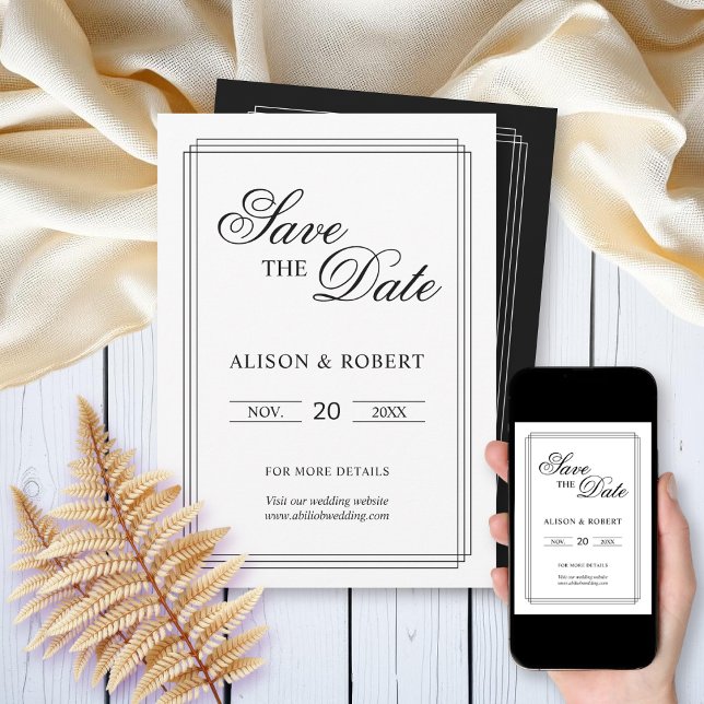 Elegante Schwarz-Weiß-Grenze Altes Geld Hochzeit Save The Date (Von Creator hochgeladen)