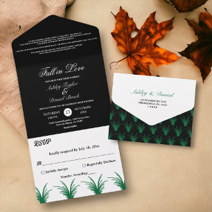 Elegante Schwarz-Weiß-Grüngras-Hochzeit im Herbst All In One Einladung