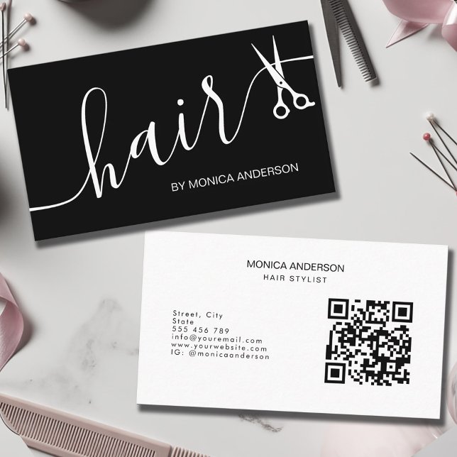 Elegante Schwarz Weiß Haar Script Schere QR Code Visitenkarte (Elegant Black White Hair Script Scissors QR Code Business Card)