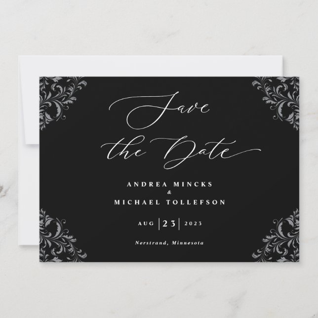 Elegante Schwarz-Weiß-Hochzeit speichert das Datum Save The Date (Vorderseite)
