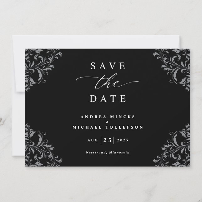 Elegante Schwarz-Weiß-Hochzeit speichert das Datum Save The Date (Vorderseite)