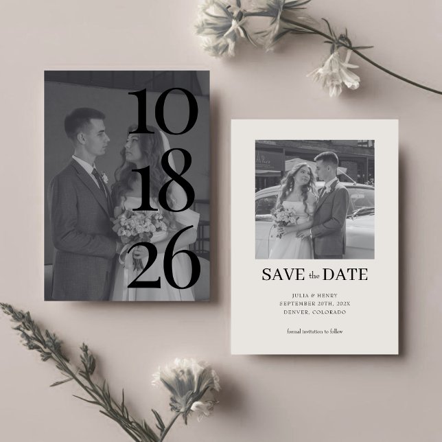 Elegante Schwarz-Weiß-Hochzeit Zwei-Foto-QR-Code  Save The Date (Von Creator hochgeladen)