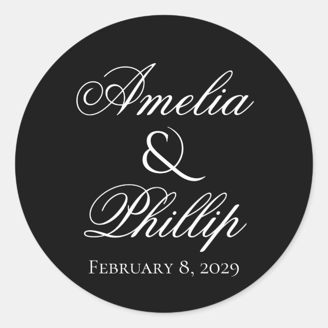 Elegante Schwarz-Weiß-Hochzeitsticker Runder Aufkleber (Vorderseite)