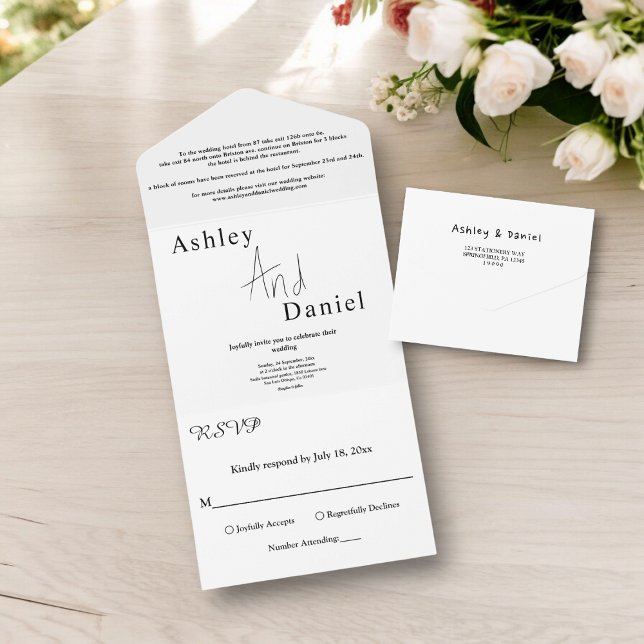 Elegante Schwarz-Weiß-Kalligrafie-Skripte Hochzeit All In One Einladung (Von Creator hochgeladen)