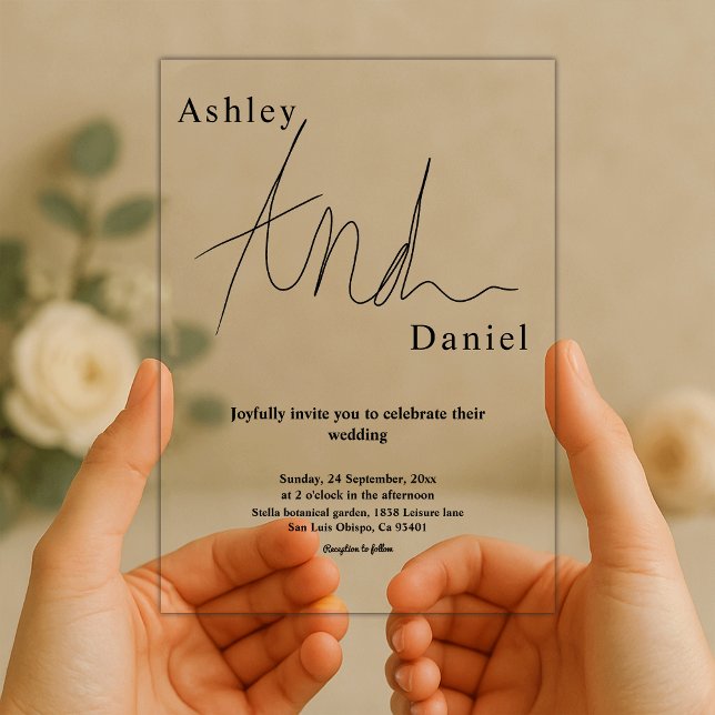 Elegante Schwarz-Weiß-Kalligraphie, einfache Hochz Acryleinladungen (Von Creator hochgeladen)