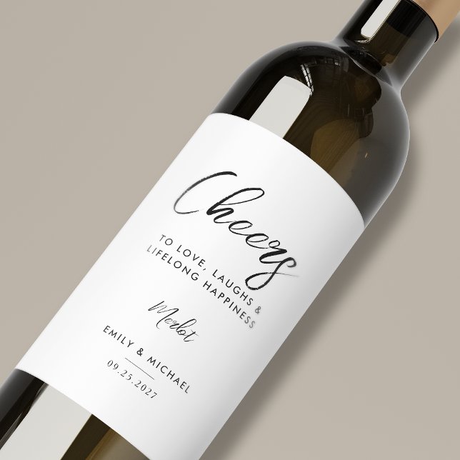 Elegante Schwarz-Weiß-Kalligraphie-Hochzeit Weinetikett (Von Creator hochgeladen)