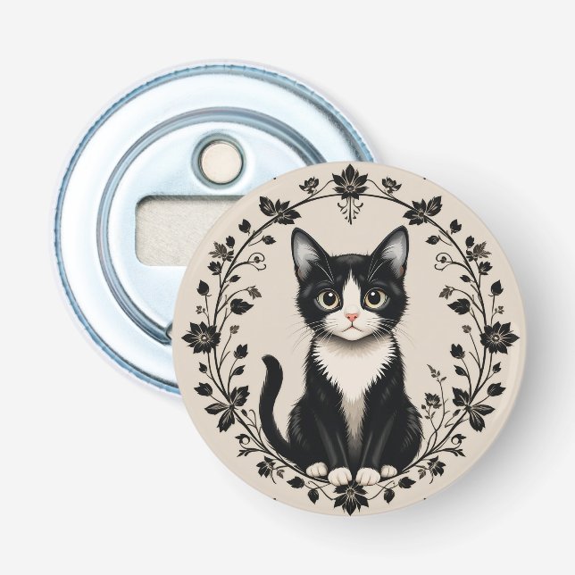 Elegante Schwarz-Weiß-Katze Flaschenöffner (Vorderseite)