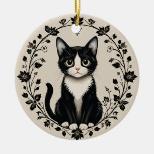 Elegante Schwarz-Weiß-Katze Keramik Ornament