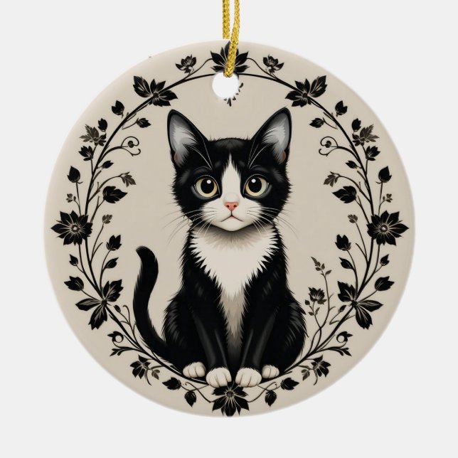 Elegante Schwarz-Weiß-Katze Keramik Ornament (Vorne)