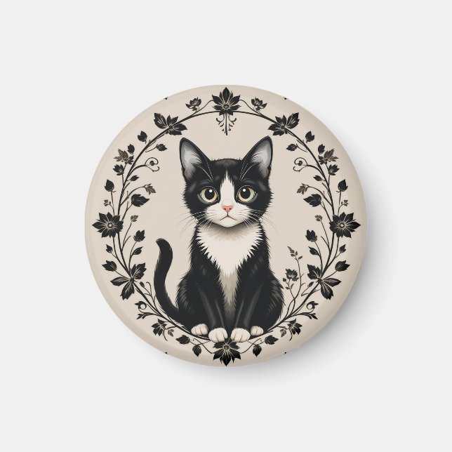 Elegante Schwarz-Weiß-Katze Magnet (Vorne)