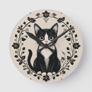 Elegante Schwarz-Weiß-Katze Runde Wanduhr