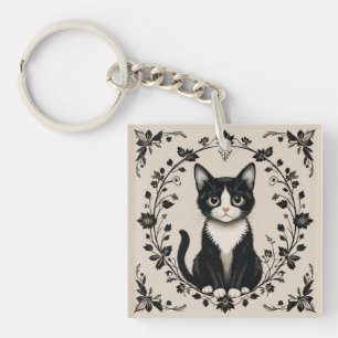 Elegante Schwarz-Weiß-Katze Schlüsselanhänger