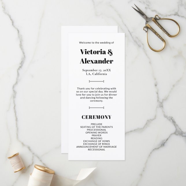 Elegante Schwarz-Weiß-Klassik-Hochzeit Programm (Vorderseite/Rückseite Beispiel)