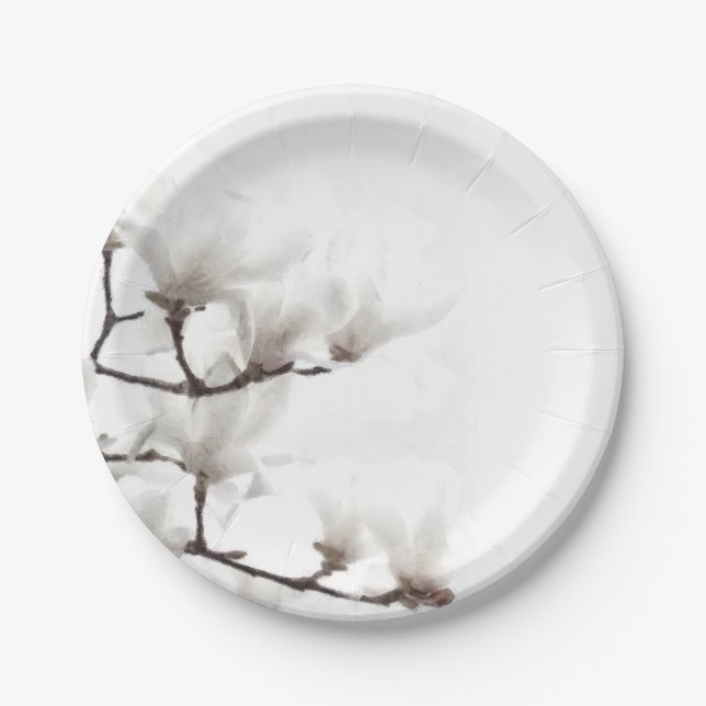 Elegante Schwarz-Weiß-Magnolia Wasserfarbe Pappteller (Vorderseite)