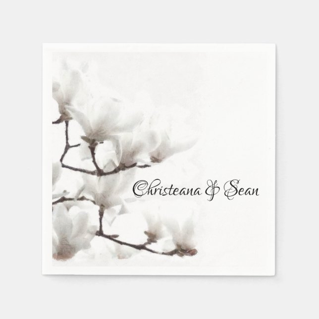 Elegante Schwarz-Weiß Magnolia Wasserfarben Serviette (Vorderseite)