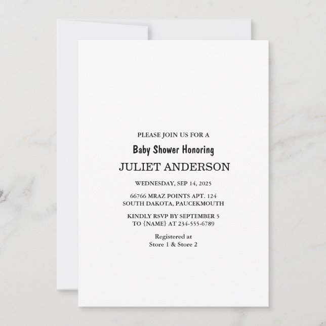 Elegante Schwarz-Weiß-Minimalistische Babydusche Einladung (Vorderseite)