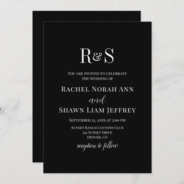Elegante Schwarz-Weiß-Moderne Monogramm-Hochzeit Einladung (Vorne/Hinten)