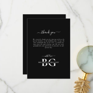 Elegante Schwarz-Weiß-Monogramm-Initialen Hochzeit Dankeskarte