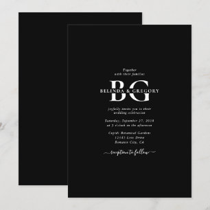 Elegante Schwarz-Weiß-Monogramm-Initialen Hochzeit Einladung