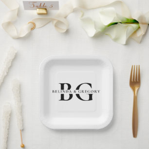 Elegante Schwarz-Weiß-Monogramm-Initialen Hochzeit Pappteller
