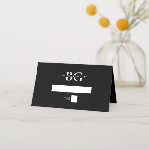 Elegante Schwarz-Weiß-Monogramm-Initialen Hochzeit Platzkarte