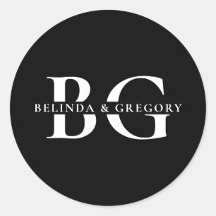 Elegante Schwarz-Weiß-Monogramm-Initialen Hochzeit Runder Aufkleber
